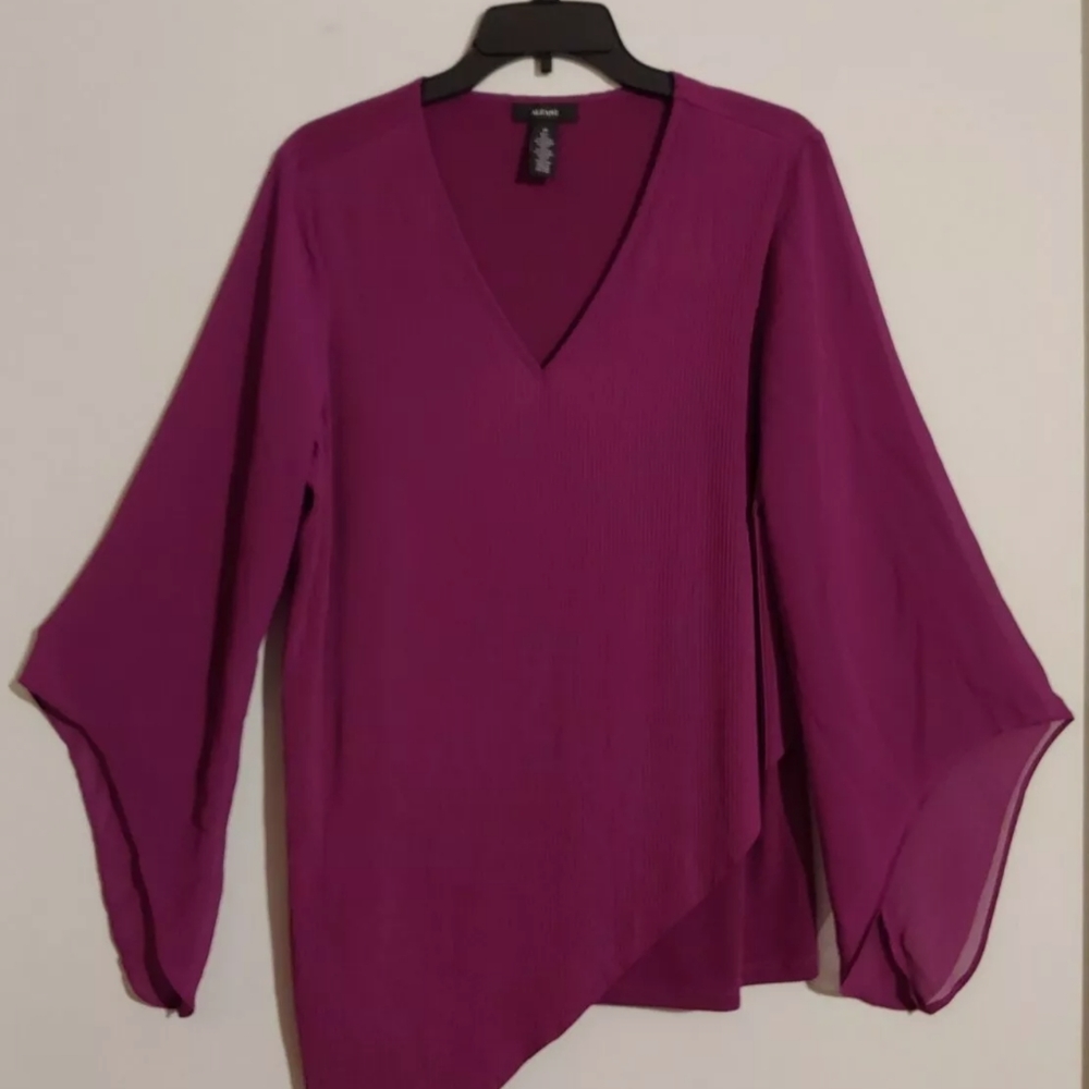 Macy's Alfani Women's Plum Chiffon Sleeve Ribbed Asymmetrical Hem Tunic Blouse M